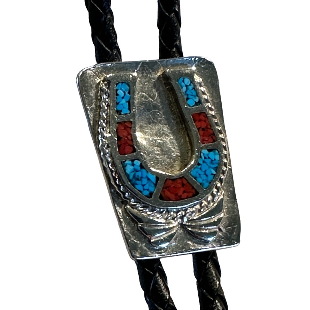 Vintage Western Bolo Tie Lucky Horseshoe Rodeo Western Wear Turquoise & Silver